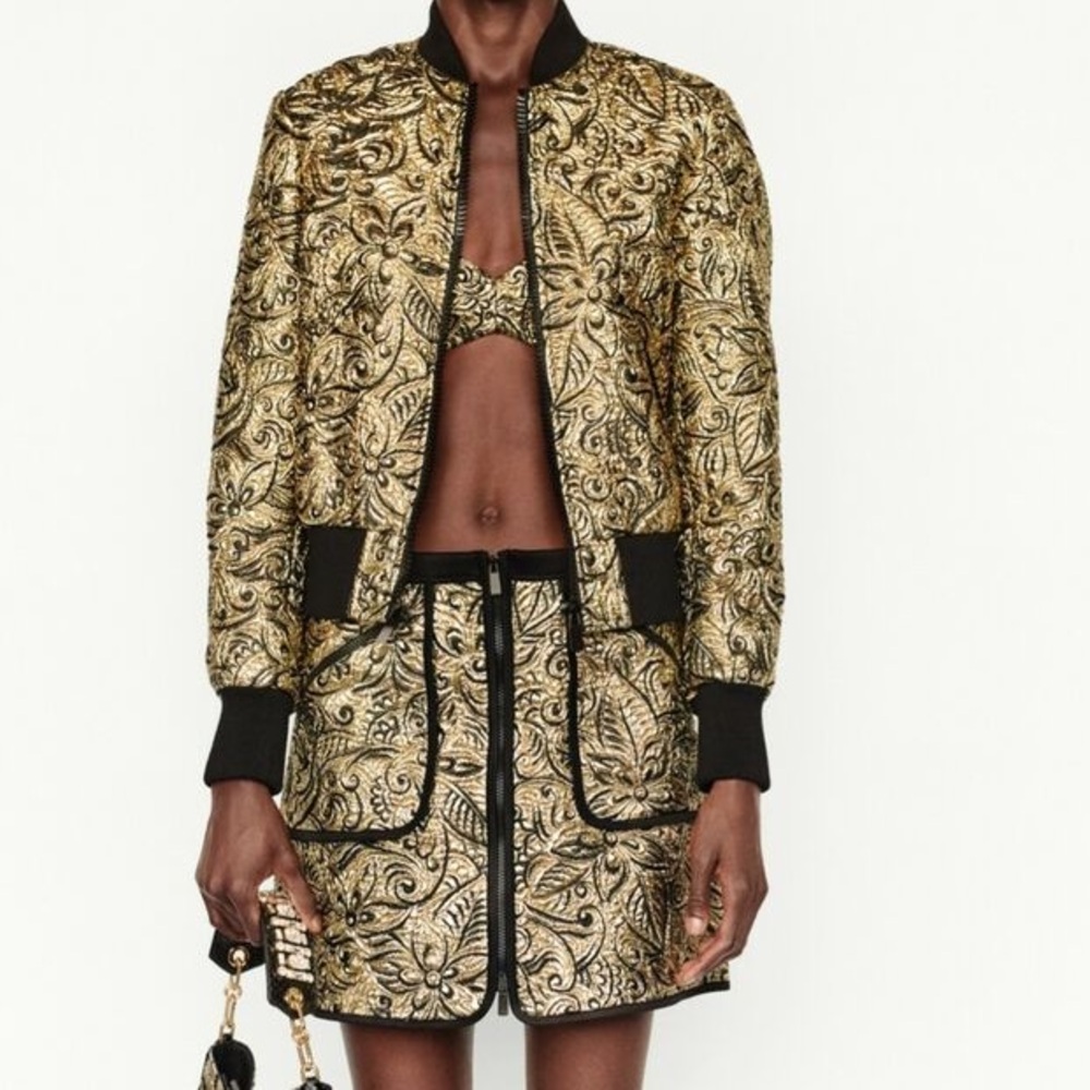 MICHAEL KORS COLLECTION Resort 19 size Small Floral Brocade Bomber Jacket Gold - Picture 2 of 16